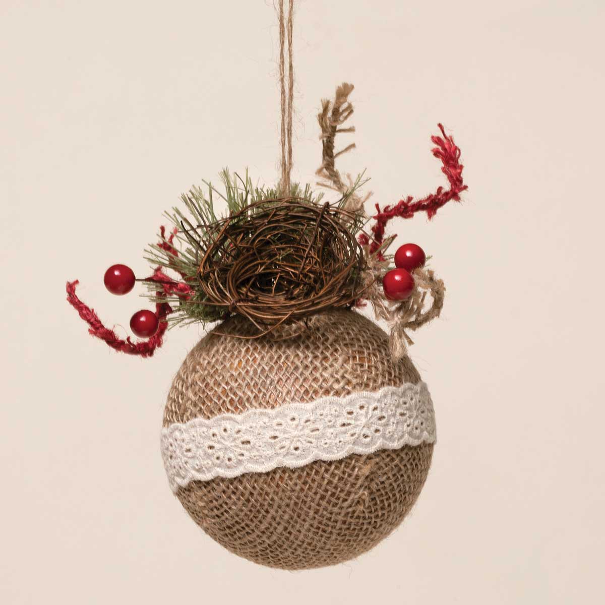 b70 ORNAMENT BURLAP BALL WITH NEST 5IN