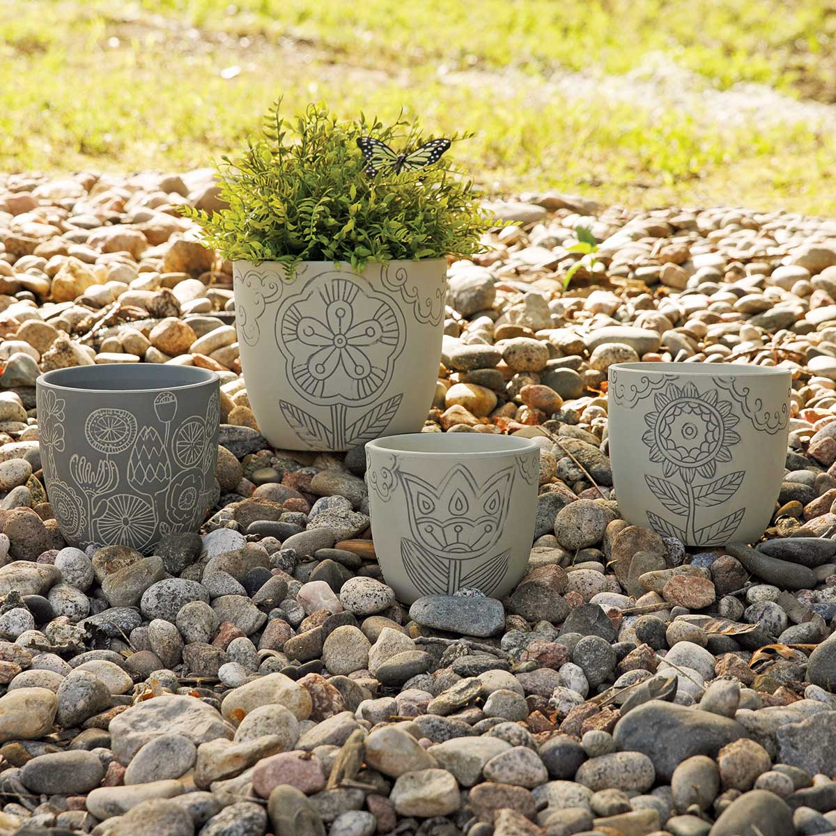 b50 POT FLOWER ETCHED GREY SMALL 4.25IN X 4IN CONCRETE - Click Image to Close
