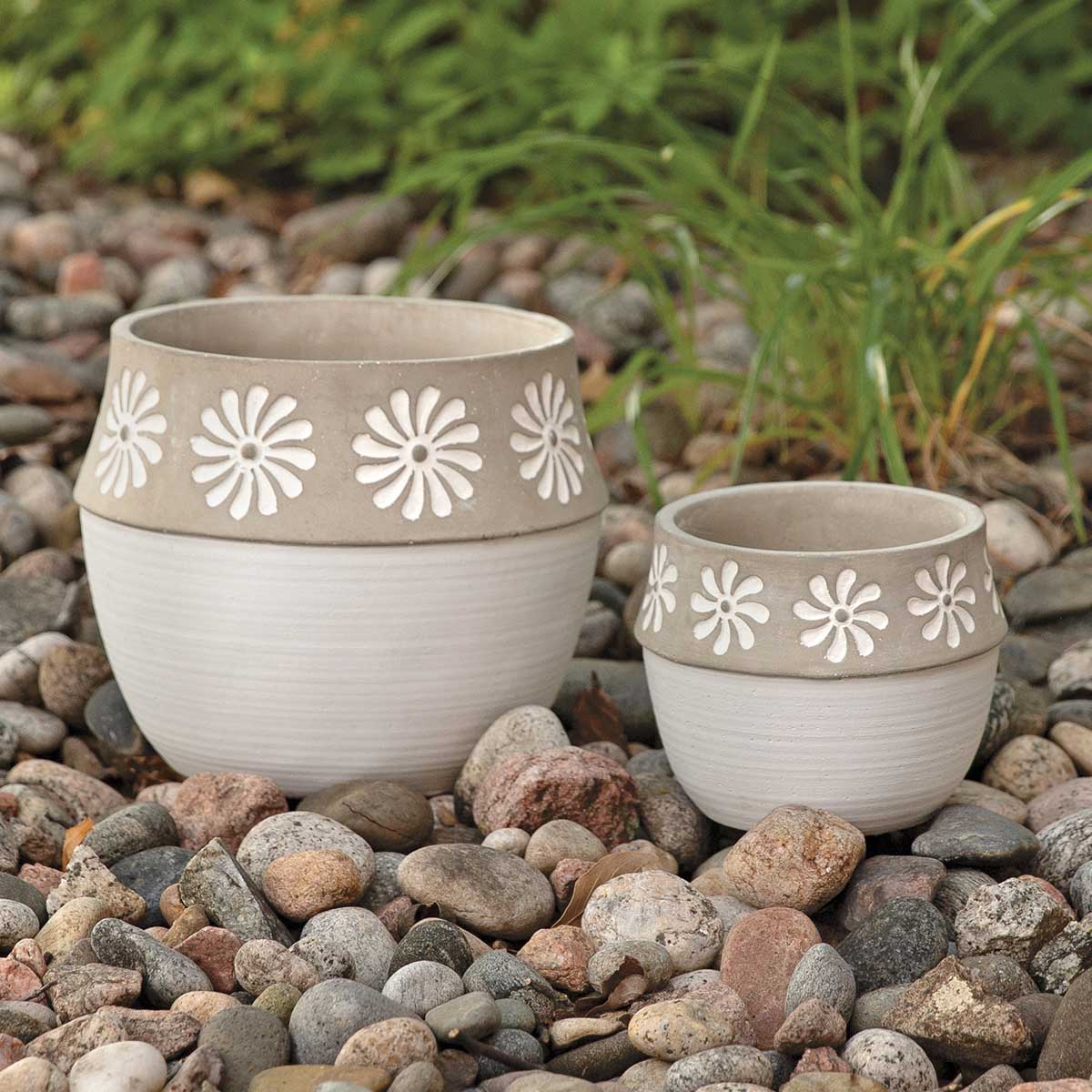 POT WINDMILL DAISY GREY LARGE 7IN X 6IN WHITE CONCRETE