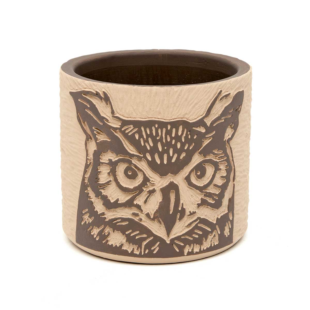 POT BARNYARD OWL SMALL 4.5IN X 4IN BROWN/BEIGE CONCRETE - Click Image to Close