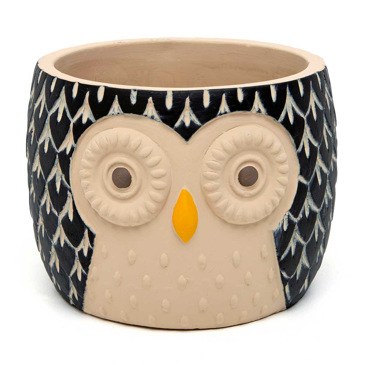 POT HOOTIE OWL LARGE 6IN X 5IN BLACK/BEIGE CONCRETE - Click Image to Close