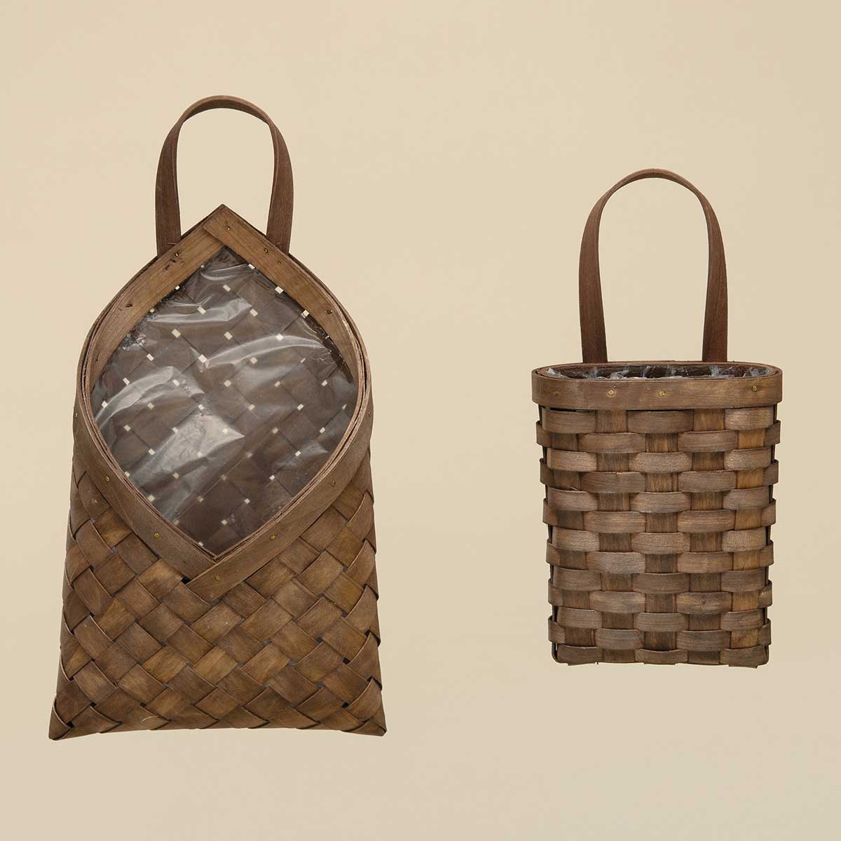 RATTAN WALL POCKET BROWN WITH HANDLE AND PLASTIC LINER - Click Image to Close