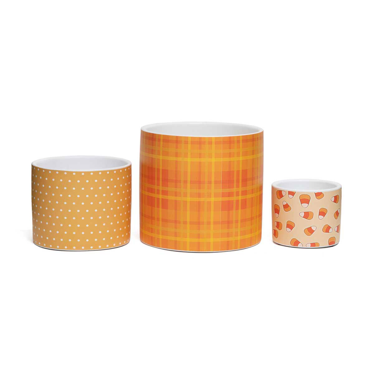 POT FALL PLAID LARGE 5.25IN X 4.75IN MUSTARD CERAMIC - Click Image to Close