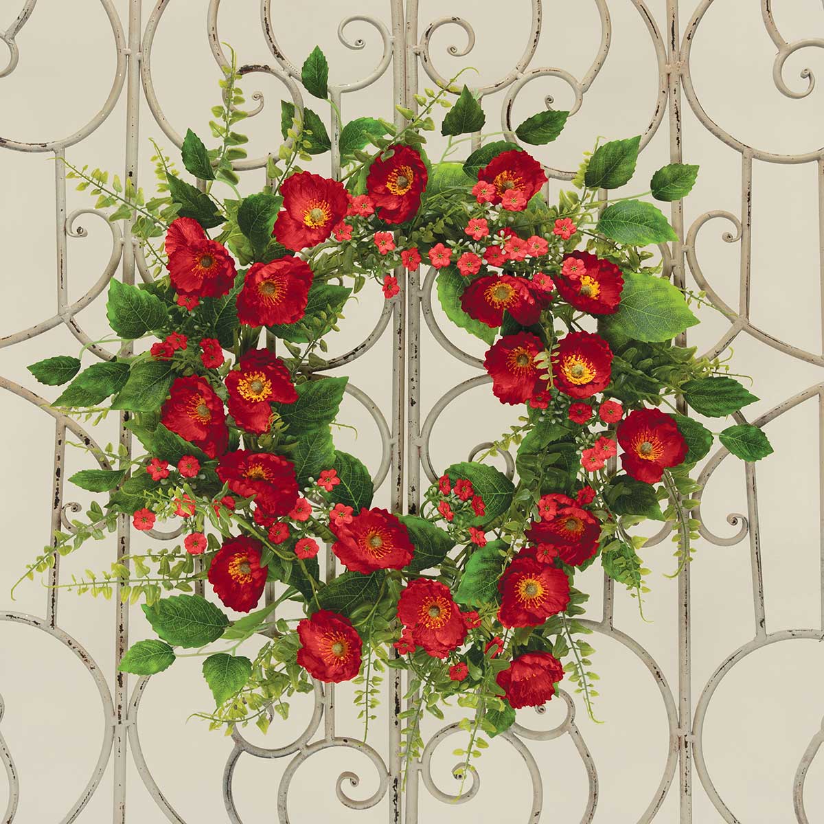 b50 WREATH POPPY/FOLIAGE 24IN (INNER RING 10IN) RED - Click Image to Close