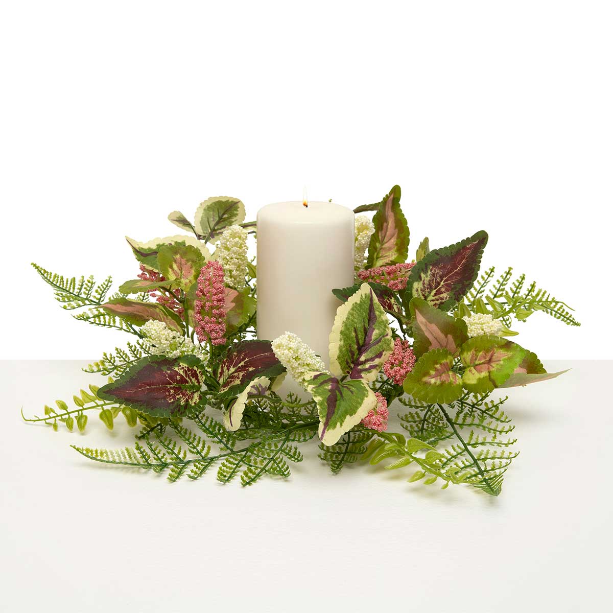 CANDLE RING COLEUS/FRN/ASTILBE 15IN (INNER RING 5.5IN) PK/GR - Click Image to Close