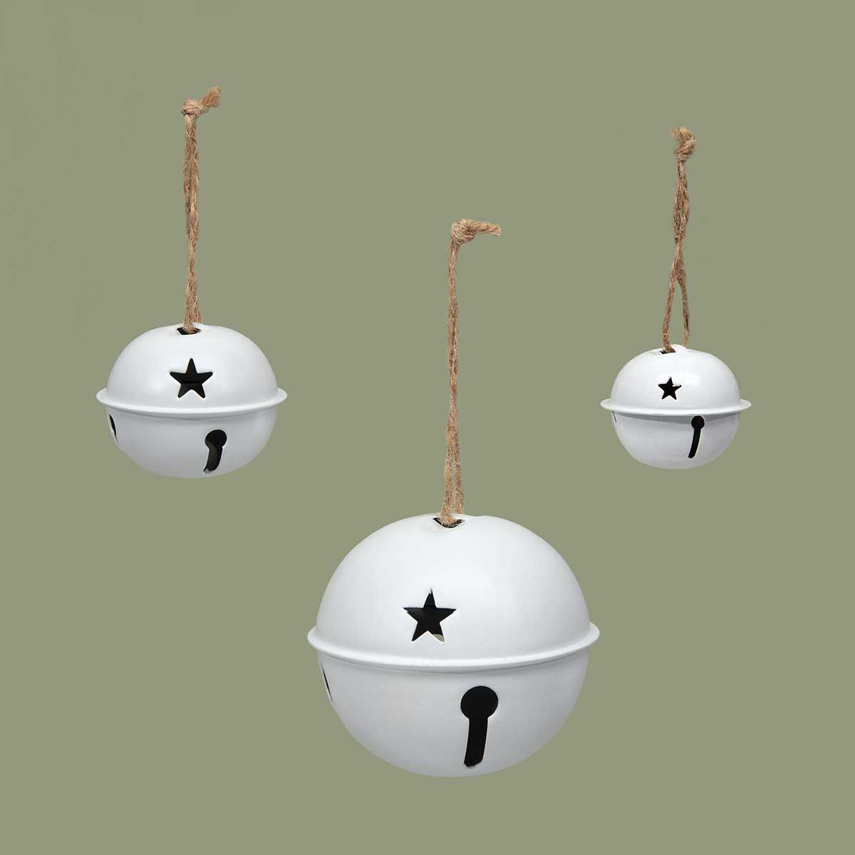 JINGLE BELL SET OF 3 WHITE LARGE 3IN X 2.75IN WITH STAR CUTOUTS