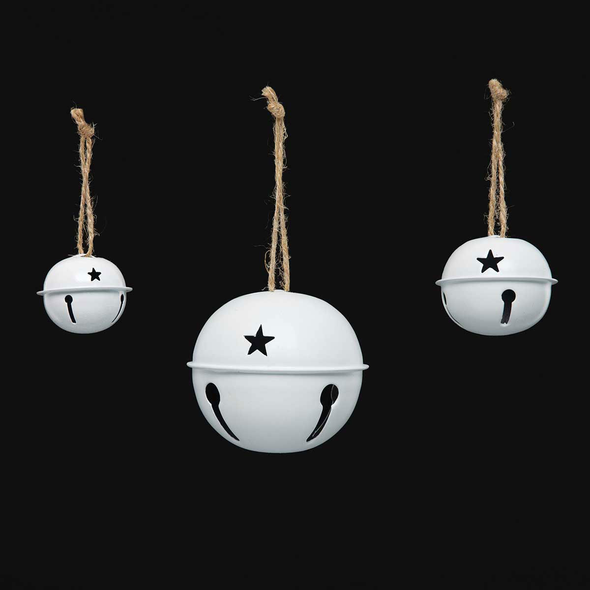 JINGLE BELL SET OF 3 WHITE LARGE 3IN X 2.75IN WITH STAR CUTOUTS - Click Image to Close