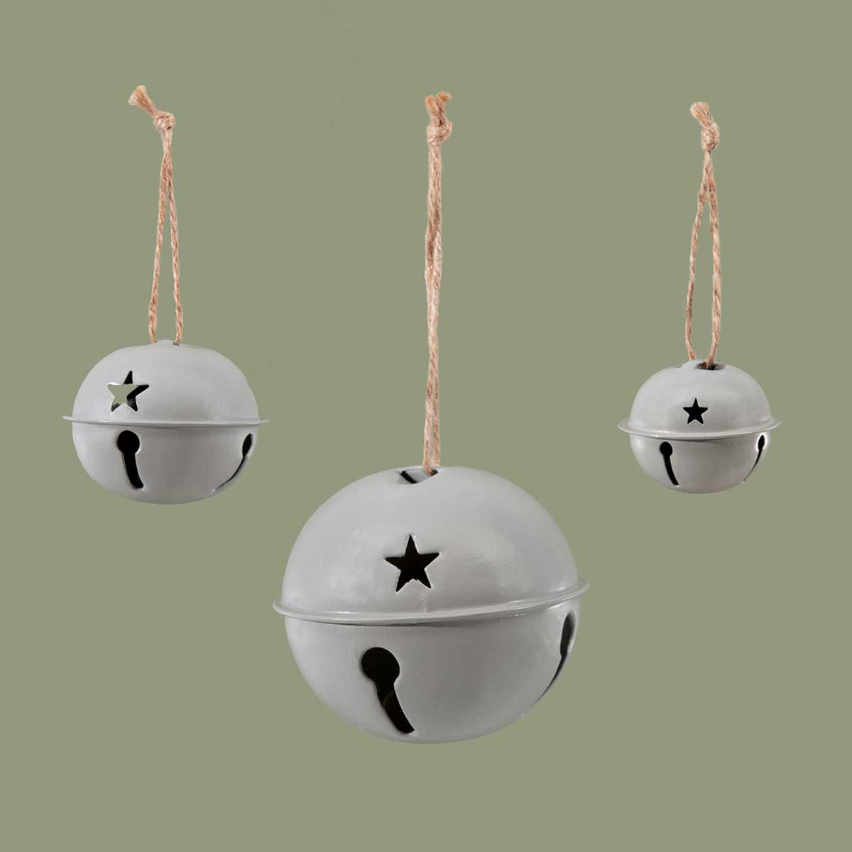 JINGLE BELL SET OF 6 GREY MED 2IN X 1.75IN WITH STAR CUTOUTS