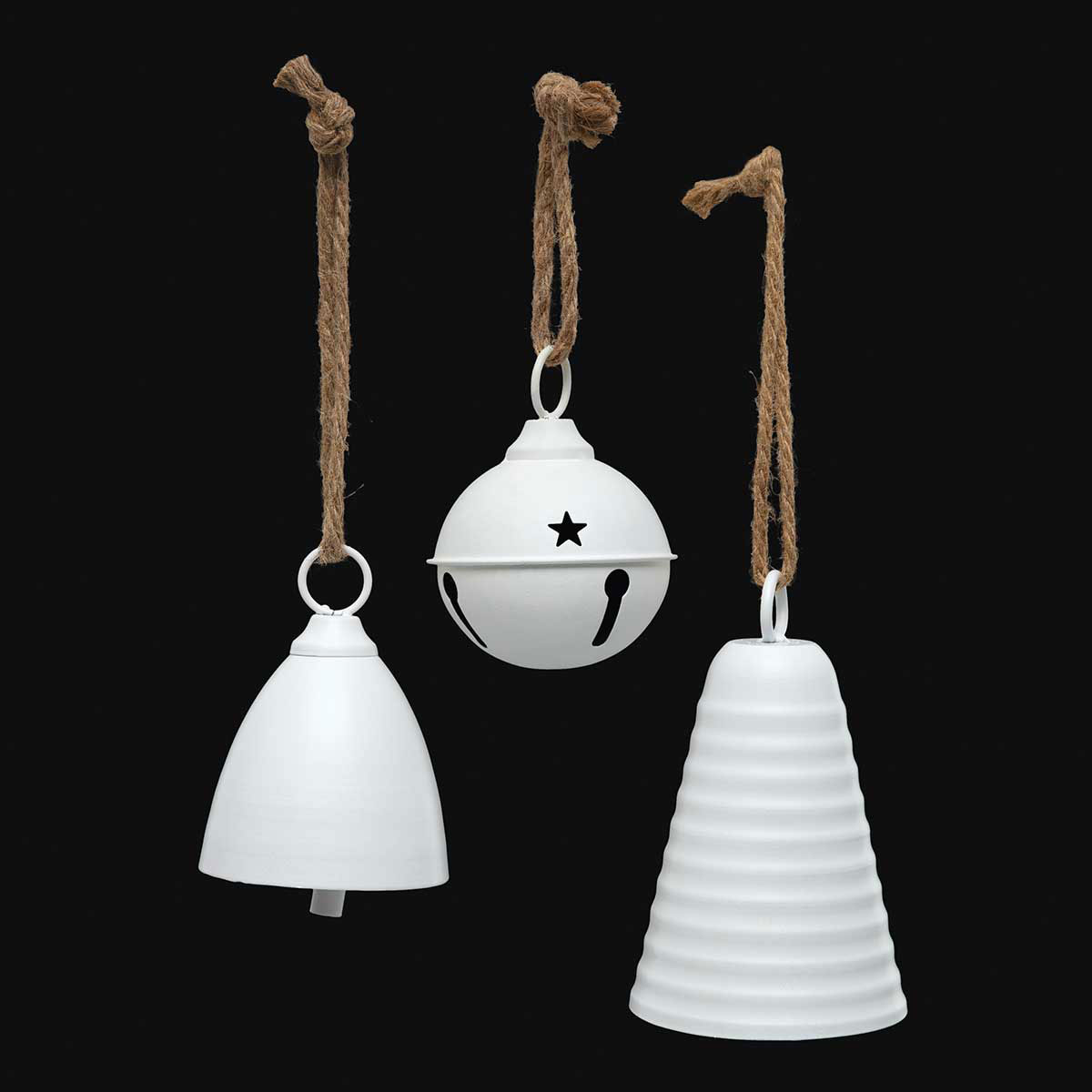 BELL RIBBED MATTE WHITE 4.5IN X 7IN METAL WITH ROPE HANGER - Click Image to Close