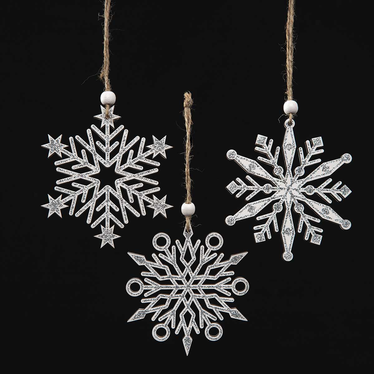 ORN SPARKLE SNOWFLAKE 3 ASSORTED 4IN X .25IN X 4IN WHITE - Click Image to Close