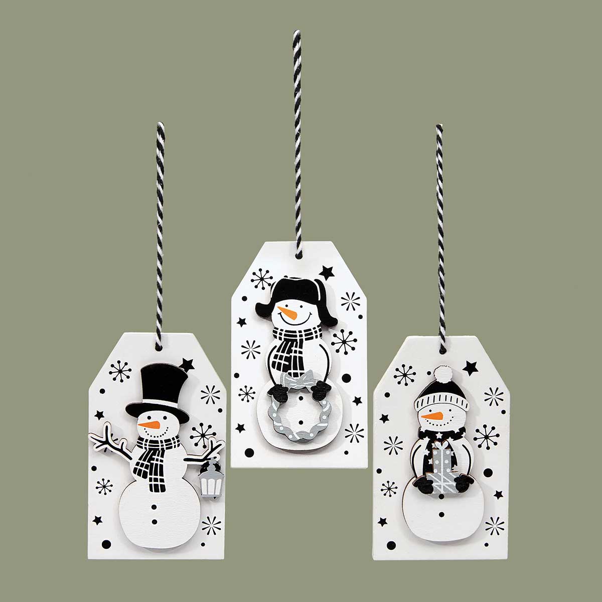 ORNAMENT SNOWMAN TAG 3 ASSORTED 2.5IN X .25IN X 4IN BLACK/WHITE