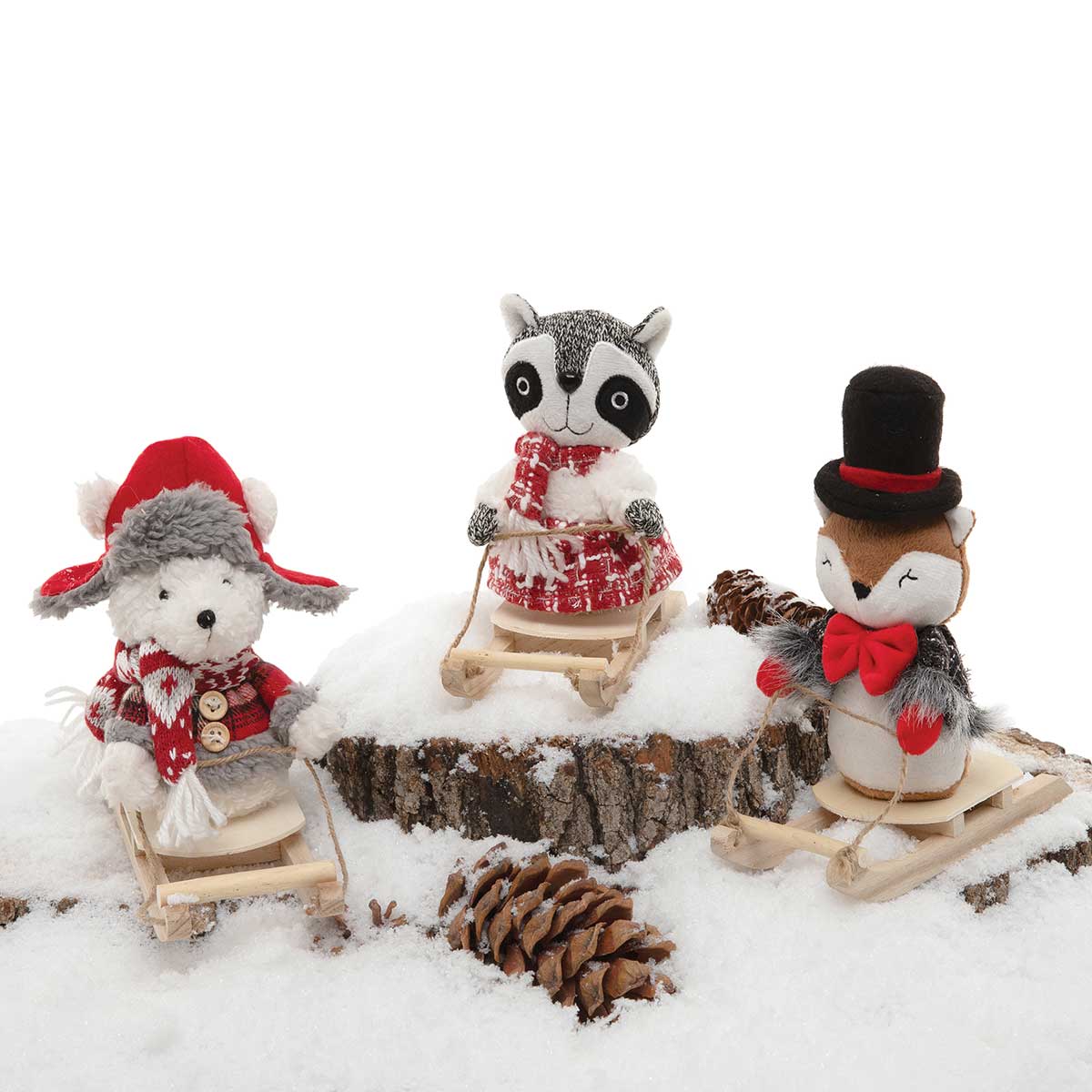 RACCOON WINTER ON SLED 3IN X 7IN X 6IN GY/RE/WH WITH SWEATER - Click Image to Close
