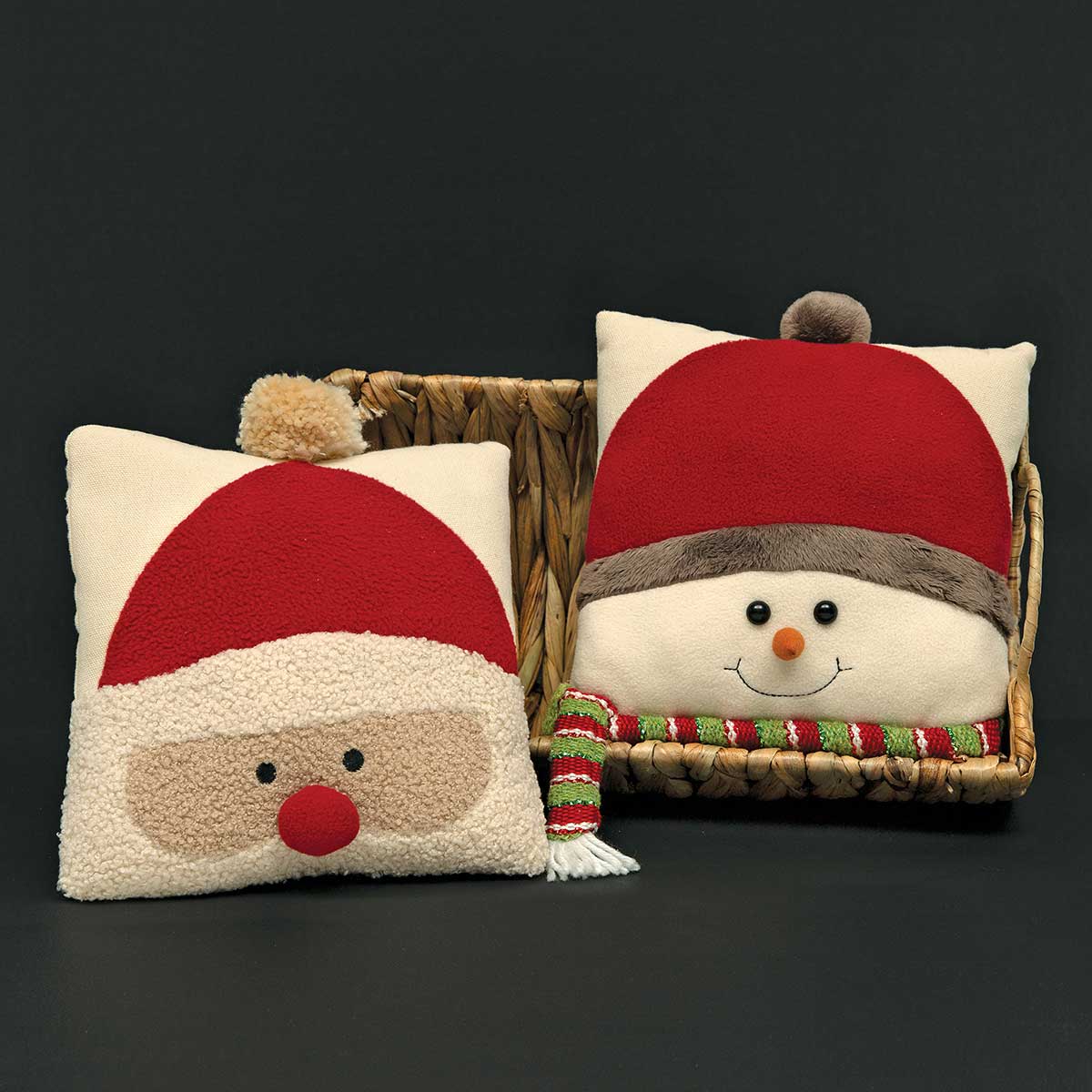 SNOWMAN FACE PILLOW CREAM/RED/GREEN WITH POM-POM - Click Image to Close