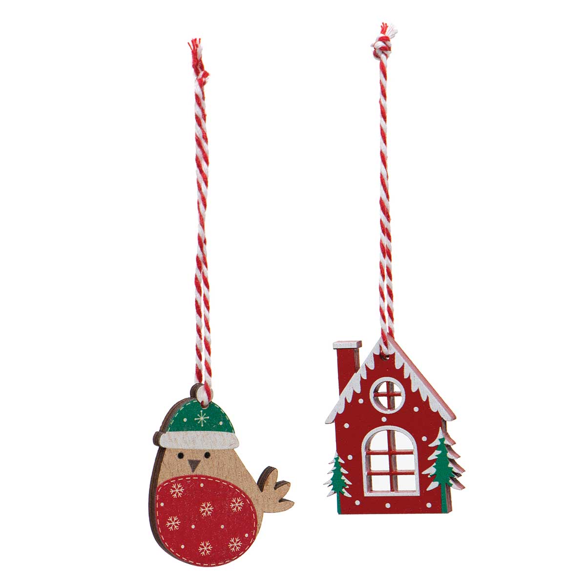 !ALPINE HOUSE AND BIRD WOOD ORNAMENT RED/GREEN WITH