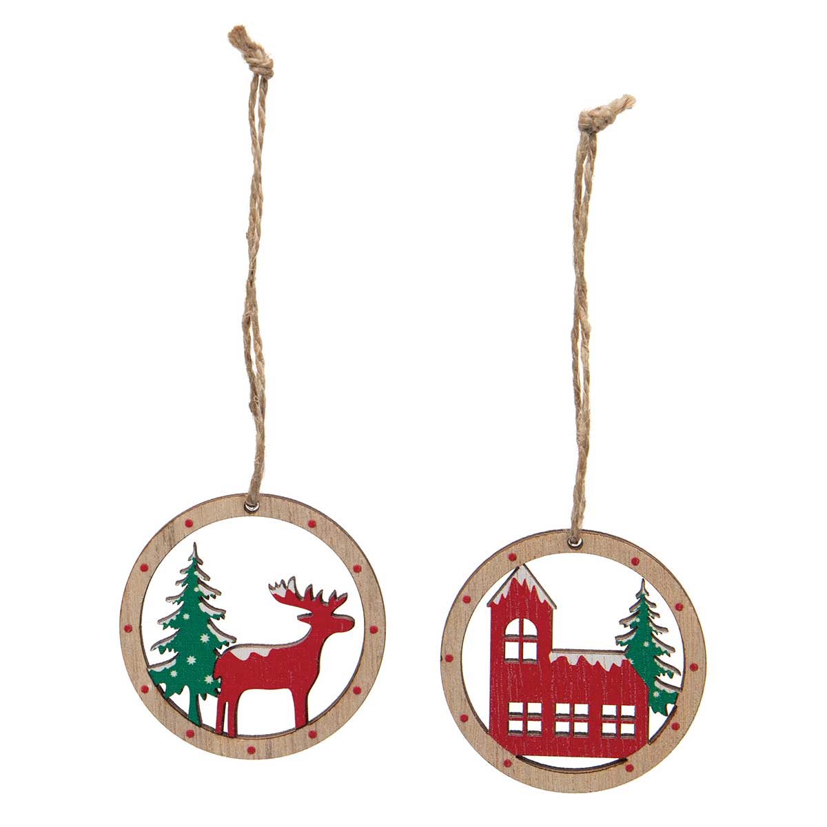 !ALPINE HOUSE AND REINDEER WOOD ORNAMENT RED/GREEN