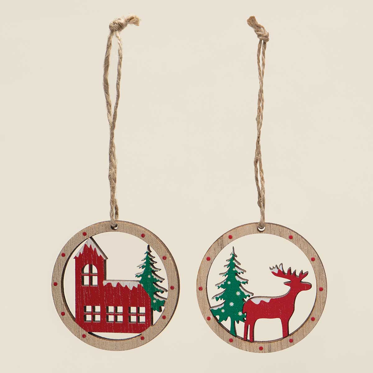 !ALPINE HOUSE AND REINDEER WOOD ORNAMENT RED/GREEN