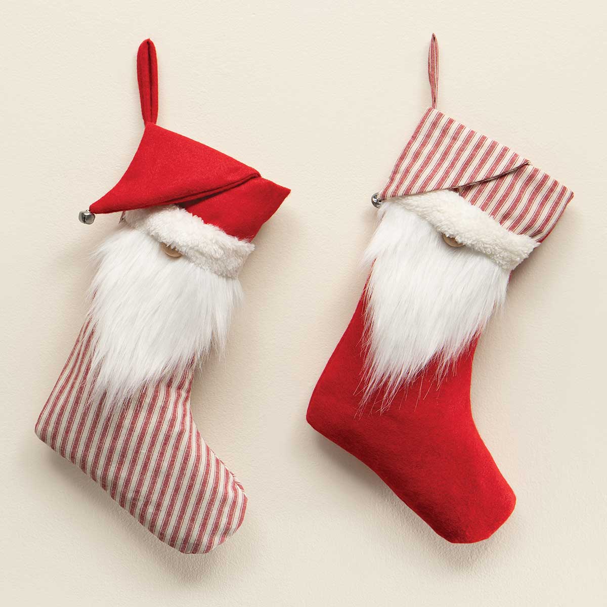 !GNOME STOCKING RED/WHITE WITH JINGLE BELL, HAT, WHITE BEARD b50