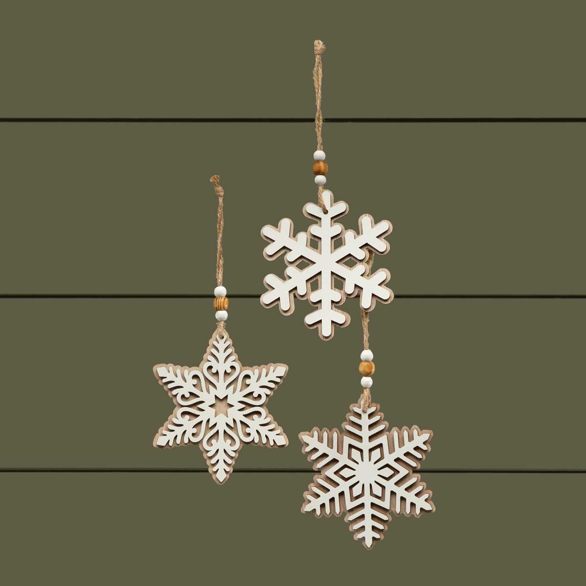 ORNAMENT SNOWFLAKE 3 ASSORTED 3.5IN X 3.75IN WOOD - Click Image to Close