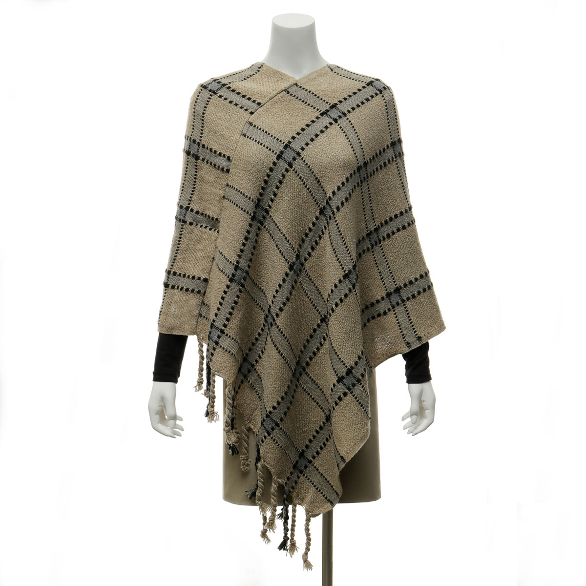 b50 PONCHO PLAID GREY/TAN 40IN X 36IN ONE SIZE FITS MOST