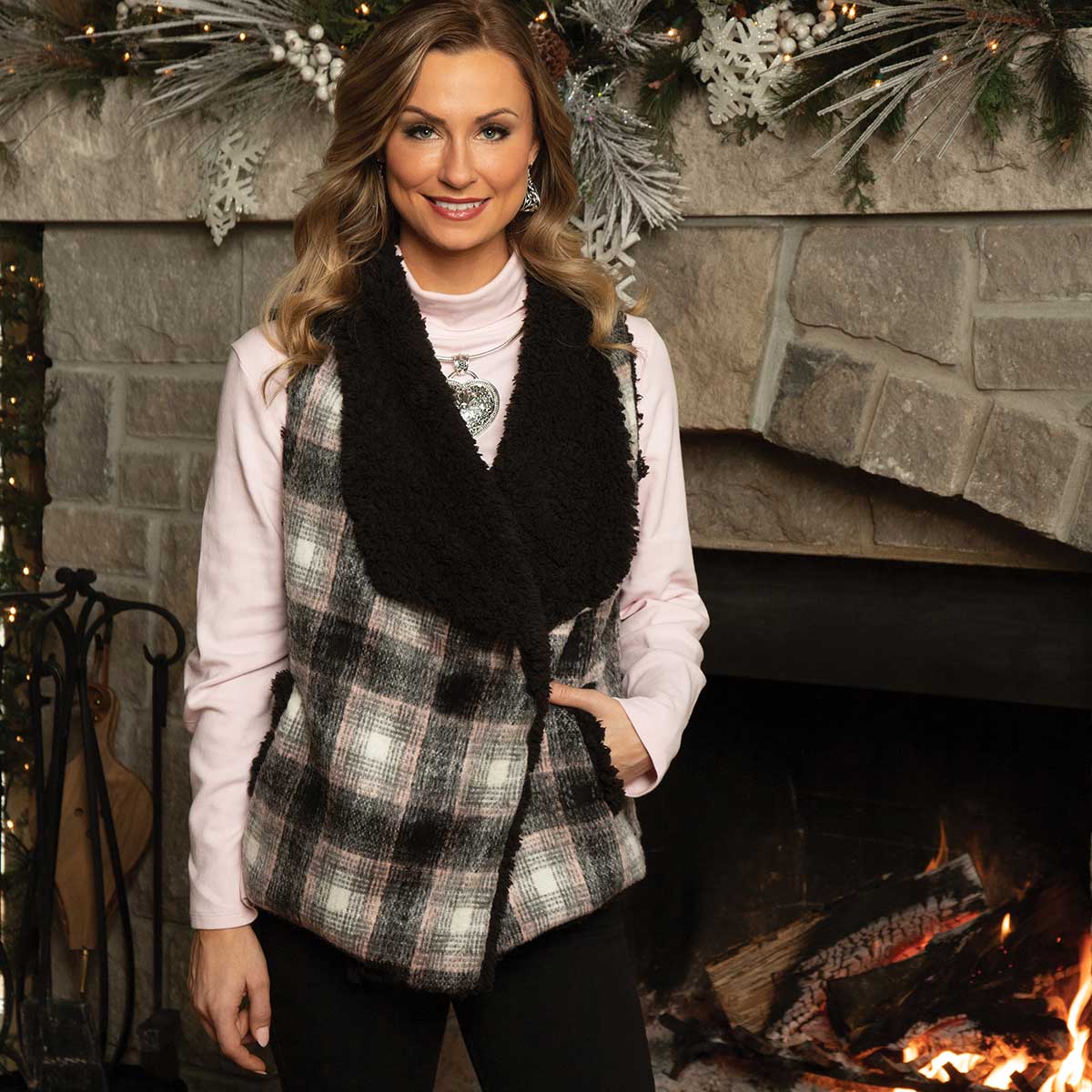 GREY AND PINK PLAID FLEECE LINED VEST WITH