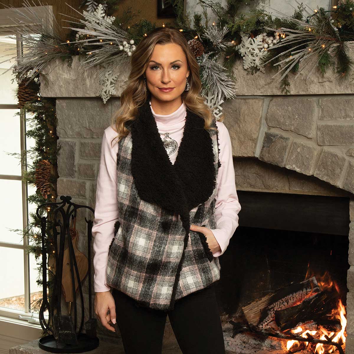 GREY AND PINK PLAID FLEECE LINED VEST WITH