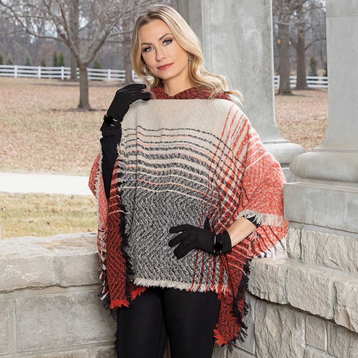 PONCHO WITH HOOD RED/CREAM - Click Image to Close