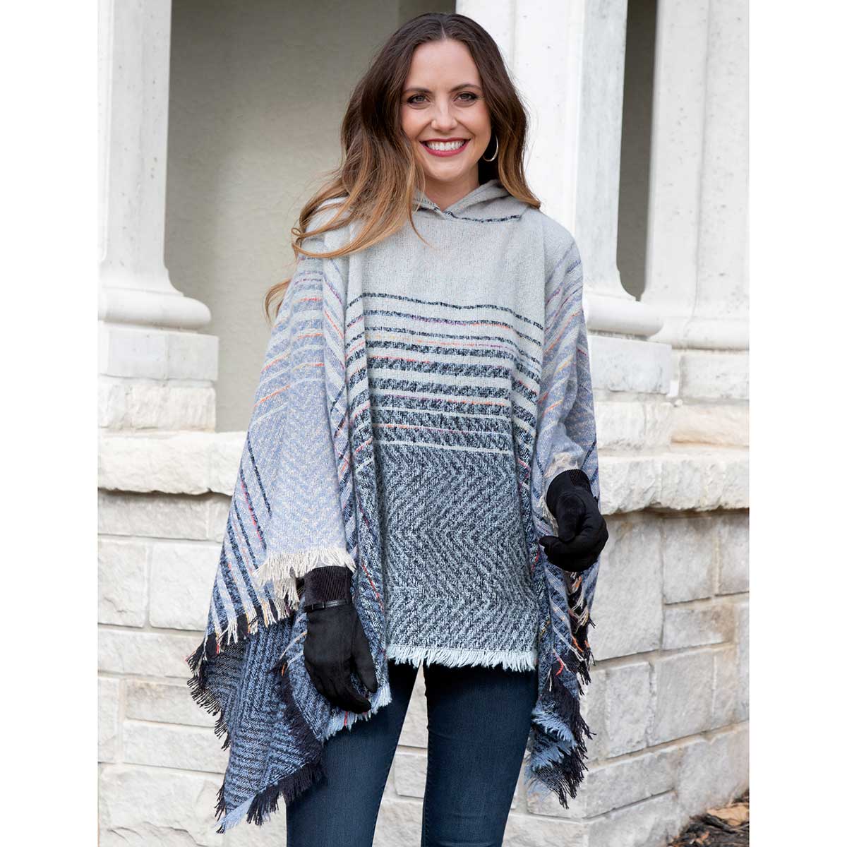 PONCHO WITH HOOD BLUE/CREAM - Click Image to Close