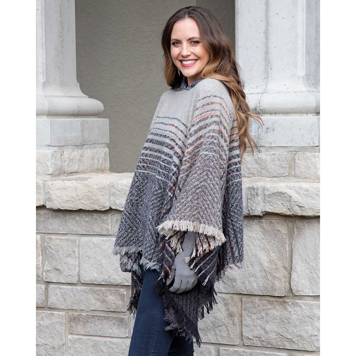 PONCHO WITH HOOD GREY/CREAM - Click Image to Close