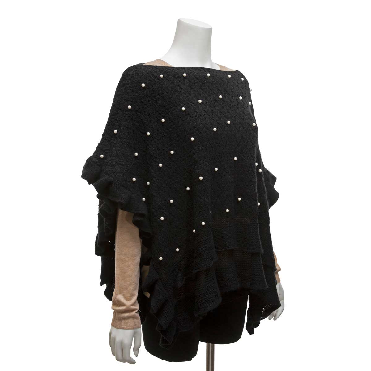 PONCHO WITH PEARLS BLACK 20IN X 40IN ONE SIZE FITS MOST KNIT