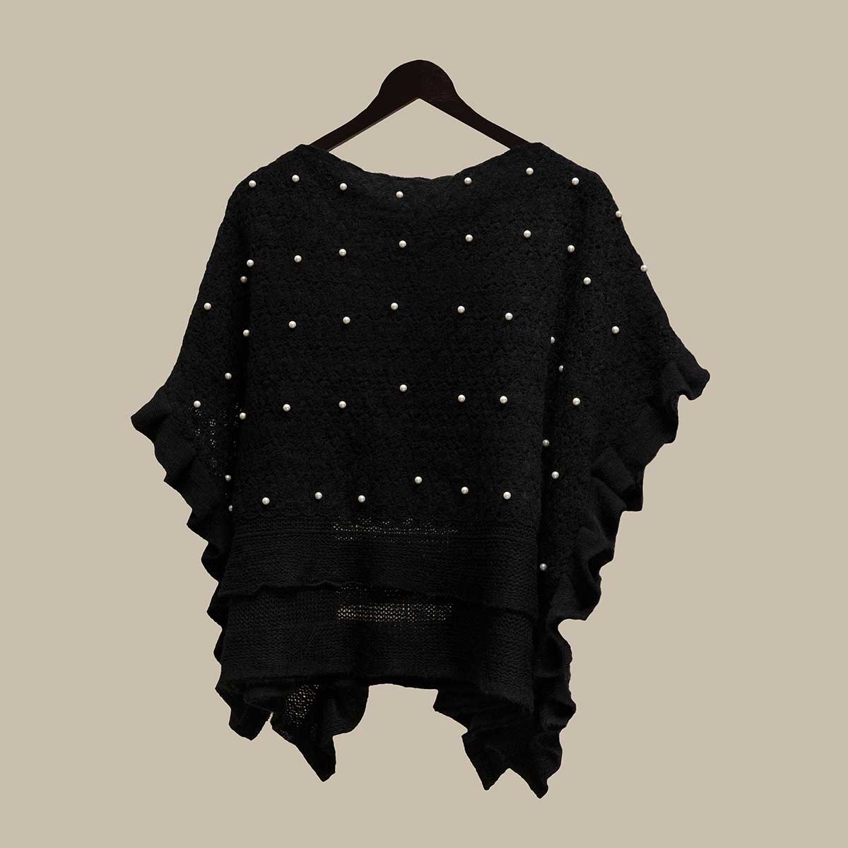 PONCHO WITH PEARLS BLACK 20IN X 40IN ONE SIZE FITS MOST KNIT
