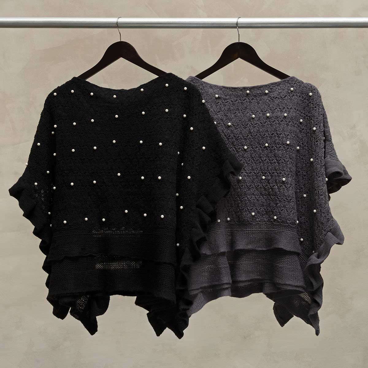 PONCHO WITH PEARLS BLACK - Click Image to Close