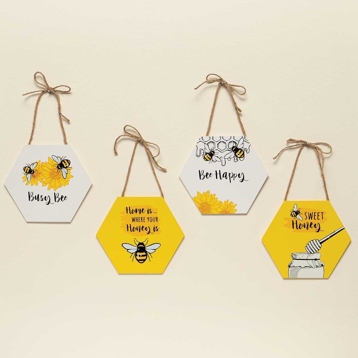 b50 SIGN HEXAGONAL BEE 3 ASSORTED 8IN X 7IN WOOD - Click Image to Close