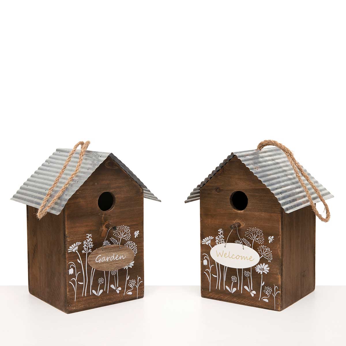 BIRD HOUSE 2 ASSORTED 7.5IN X 6.75IN X 9.5IN BR/WHITE WOOD/METAL - Click Image to Close