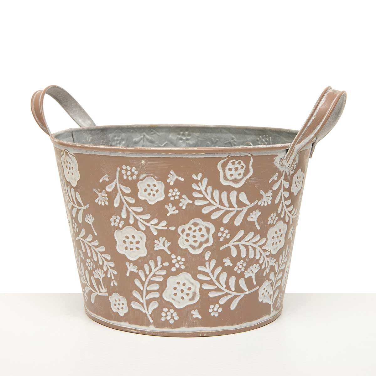 BUCKET FLOWER SHORT 7.5IN X 5IN TAUPE/WHITE METAL WITH HANDLES - Click Image to Close
