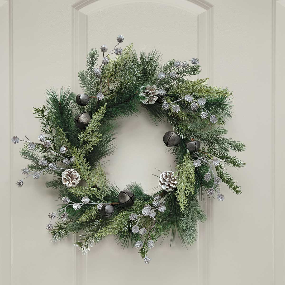 WREATH PINE/PEWTER BELLS 24IN (INNER RING 11IN) GREEN - Click Image to Close