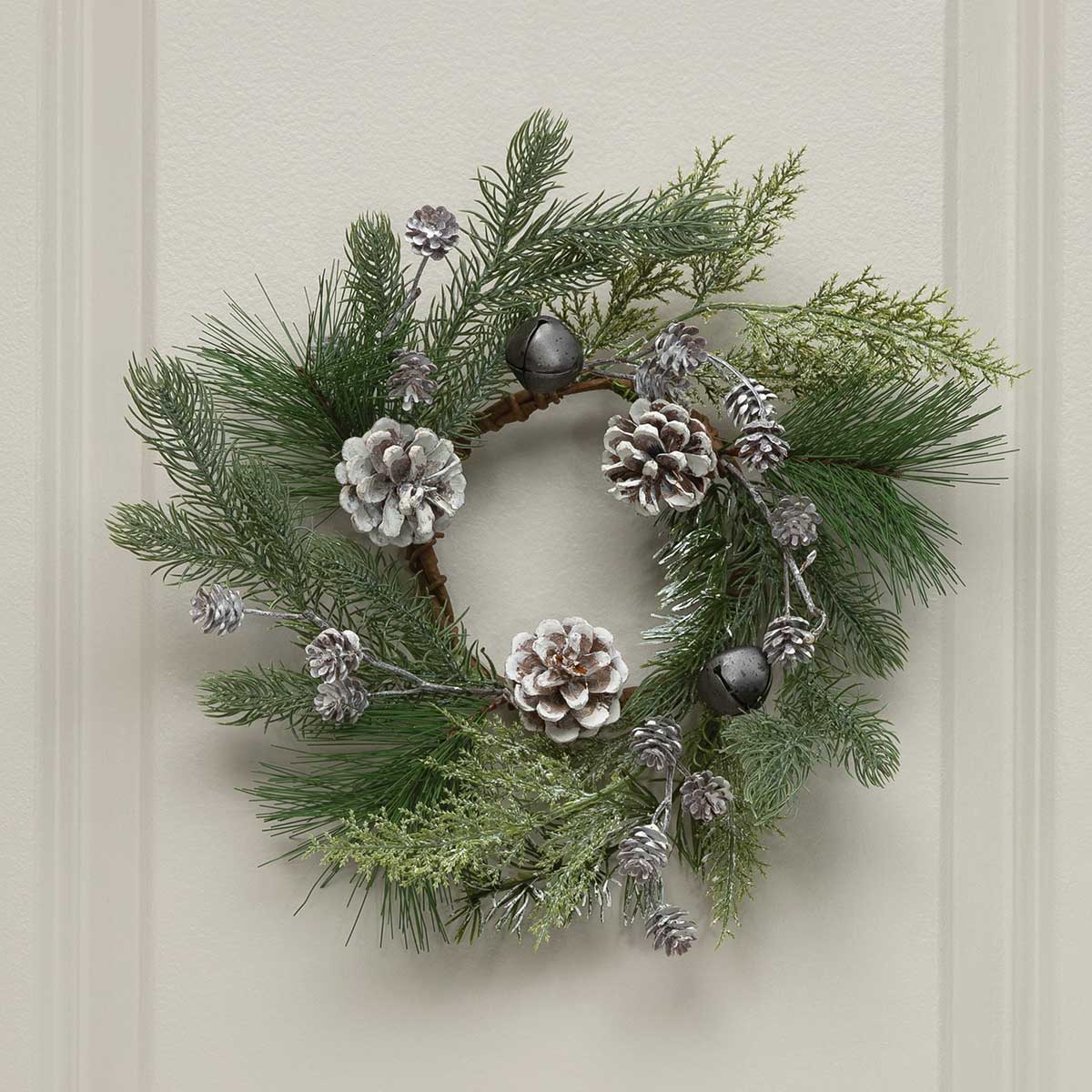 CANDLE RING PINE/PEWTER BELLS 14IN (INNER RING 4IN) GREEN - Click Image to Close
