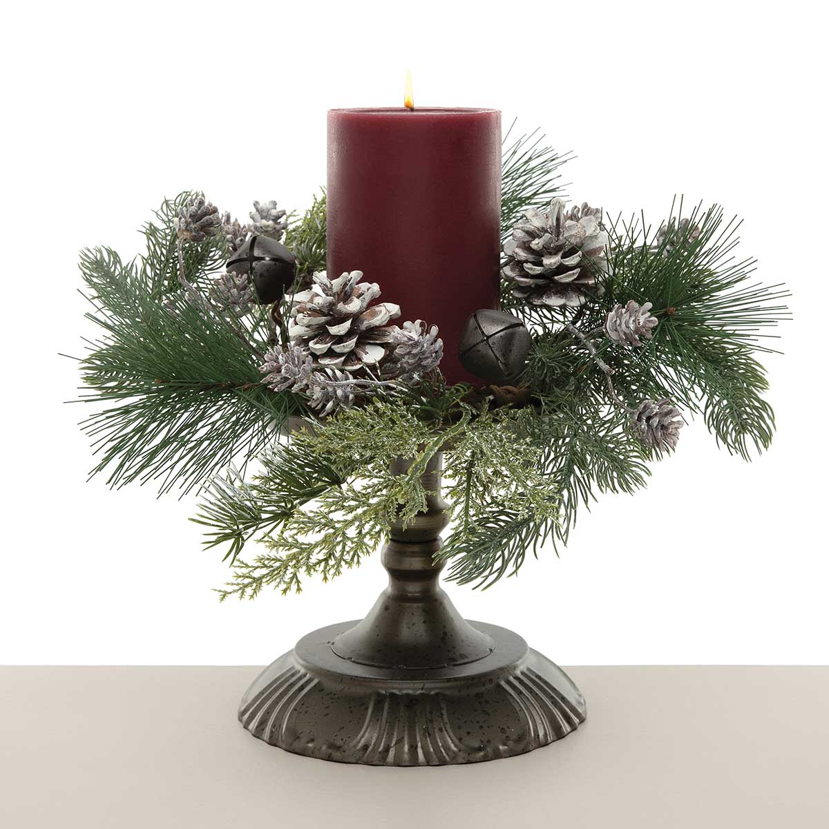 CANDLE RING PINE/PEWTER BELLS 14IN (INNER RING 4IN) GREEN