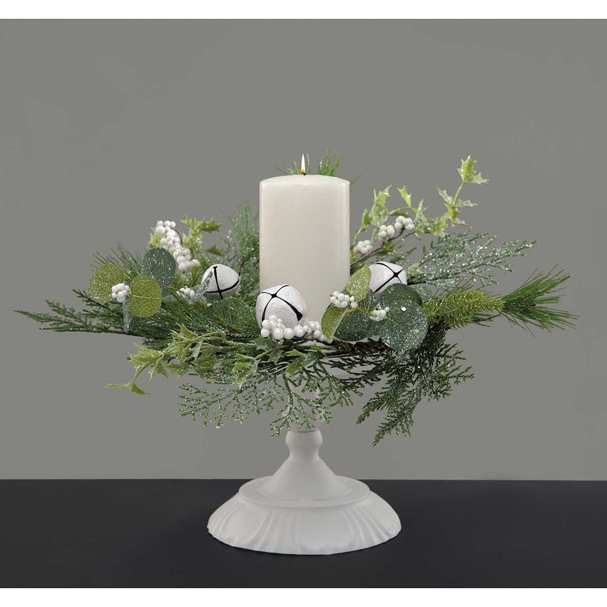 CANDLE RING PINE/BELL/BERRY/EU 15IN (INNER RING 5IN) WHITE/GREEN - Click Image to Close