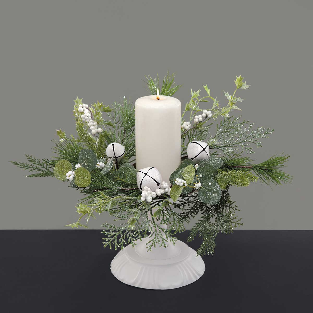 CANDLE RING PINE/BELL/BERRY/EU 15IN (INNER RING 5IN) WHITE/GREEN - Click Image to Close
