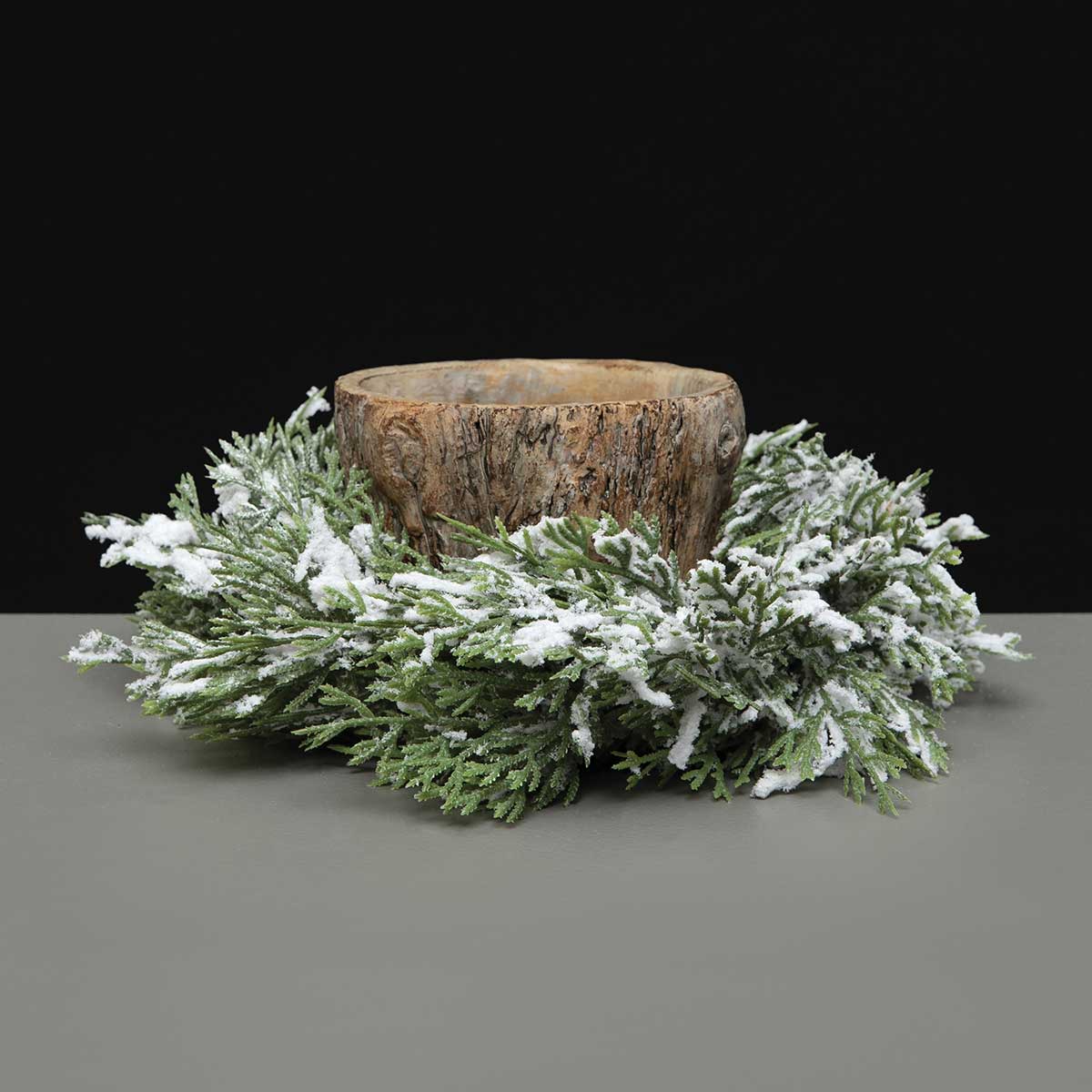 CANDLE RING SNOWED CONIFER PINE 9IN (INNER RING 5IN) GREEN