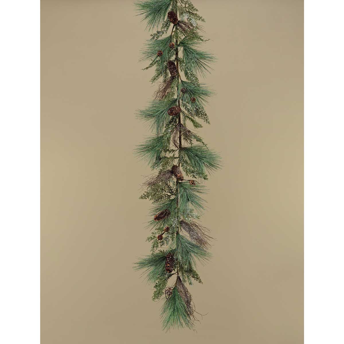 FROSTED LONG NEEDLE PINE GARLAND WITH CEDAR, PINECONES
