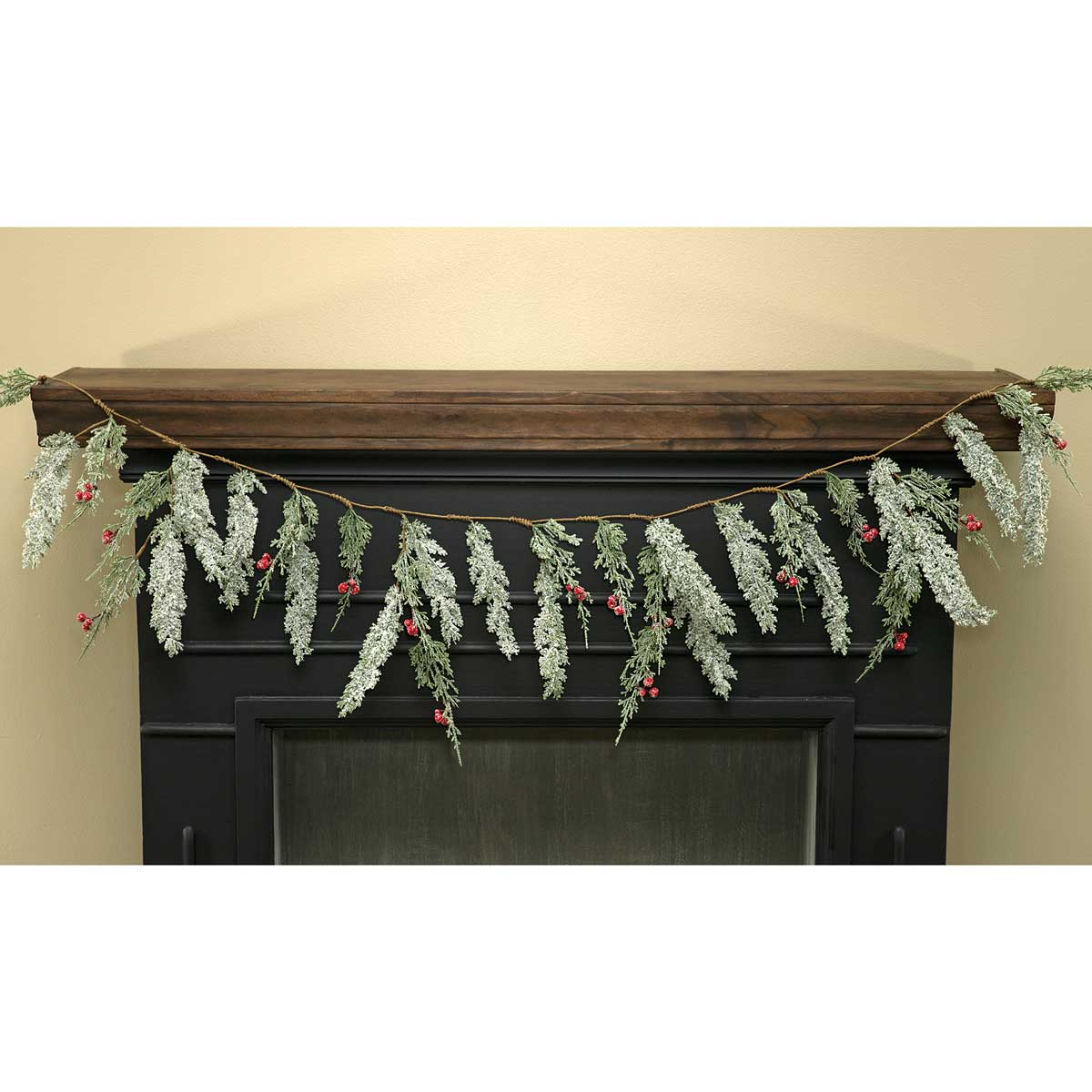 FROSTED CEDAR GARLAND WITH RED BERRIES, GLITTER, MICA - Click Image to Close