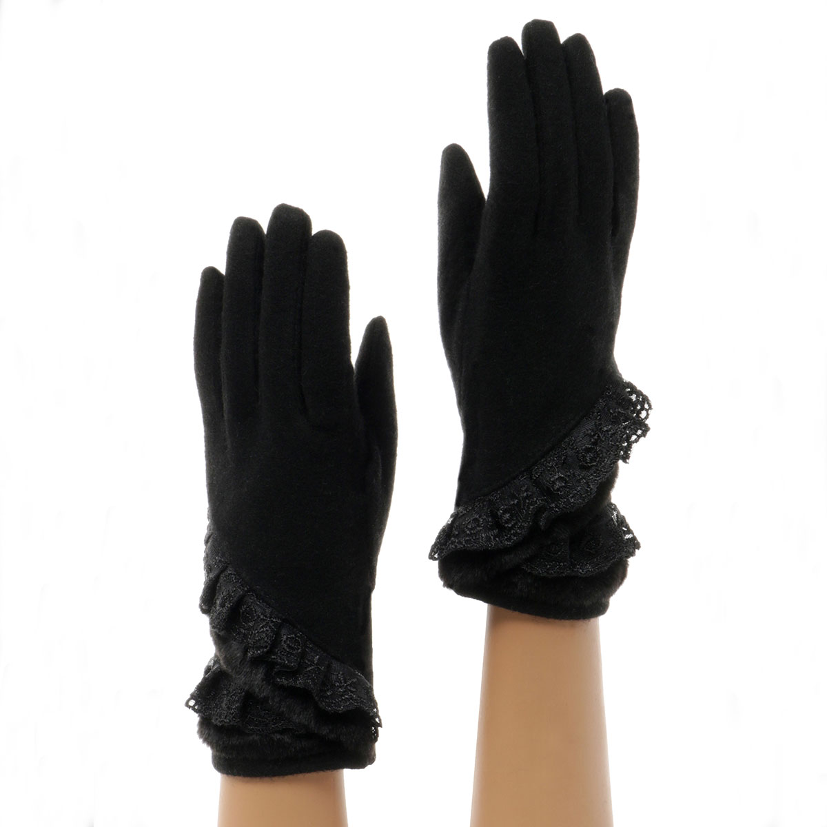 Black Glove with Lace and Fur Trim X7916